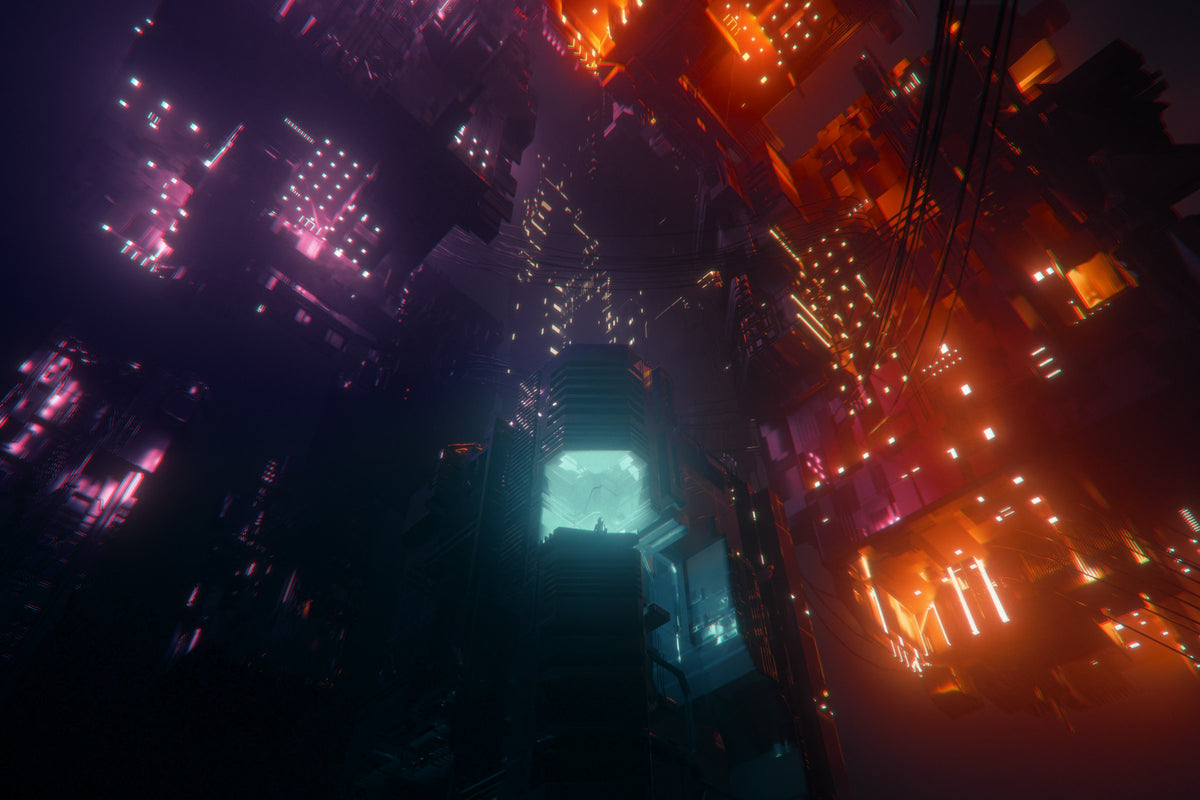 Neon-lit city street after dark