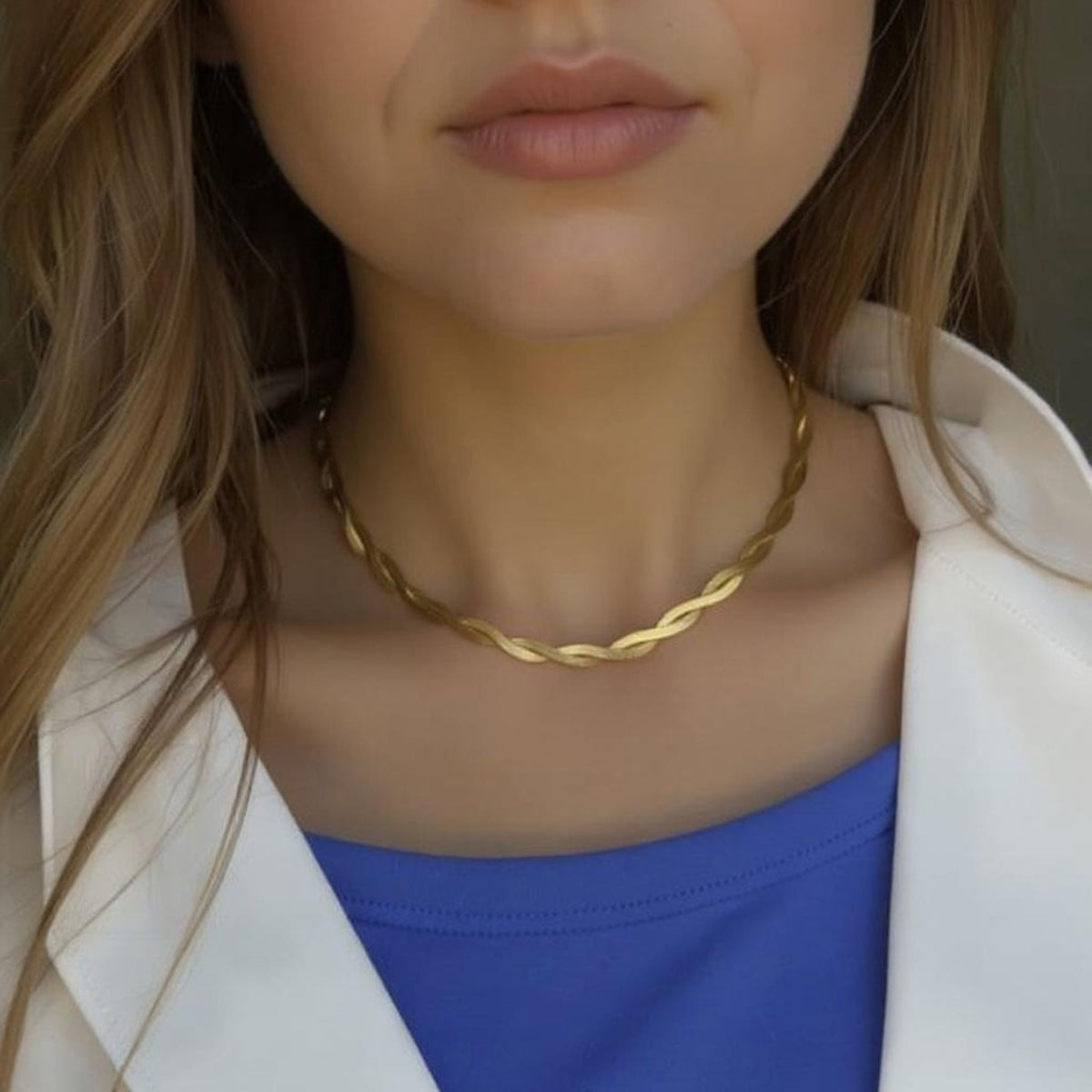 Big Starz Twisted Herringbone Chain Necklace — 18K Gold Over Steel