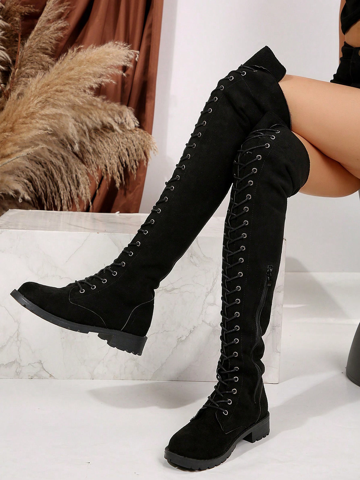 Step Out Black Lace-Up Thigh-High Boots Slim — Women's