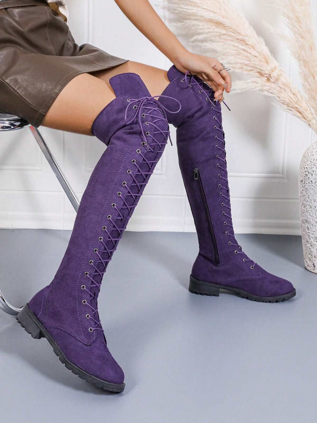 Step Out Black Lace-Up Thigh-High Boots Slim — Women's