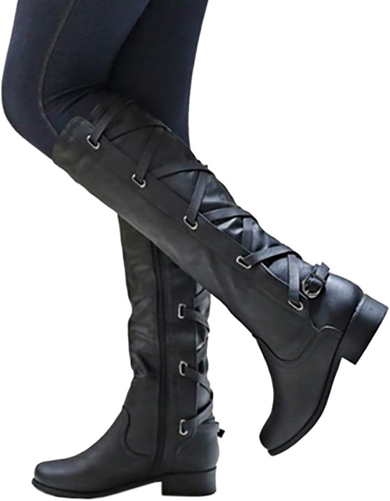 Runway Lace Up Knee High Boots Motorcycle — Women's