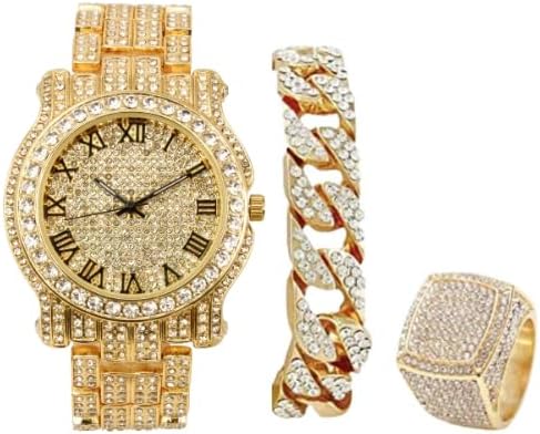 Big Starz Iced Round Watch, Cuban Bracelet & Ring Set