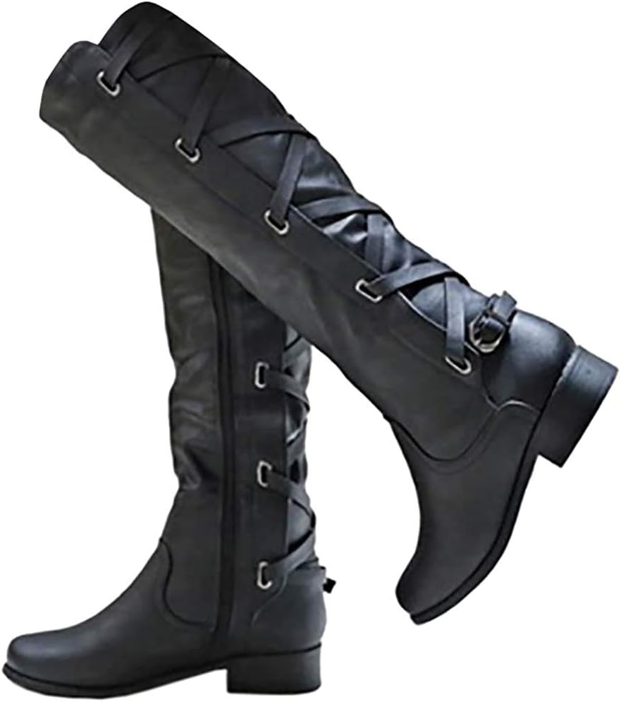 Runway Lace Up Knee High Boots Motorcycle — Women's