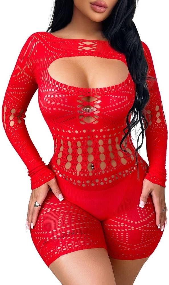 Red Light Woman Lingerie Bodysuit Fishnet Bodystocking Jumpsuit — Women's