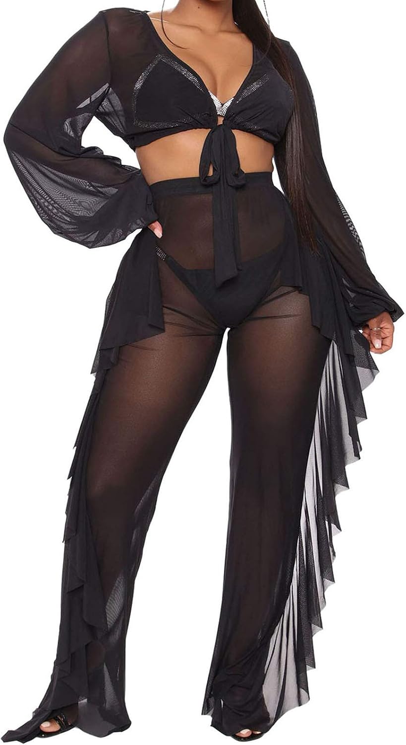 Sheer Mesh Crop & Flare Pants Set