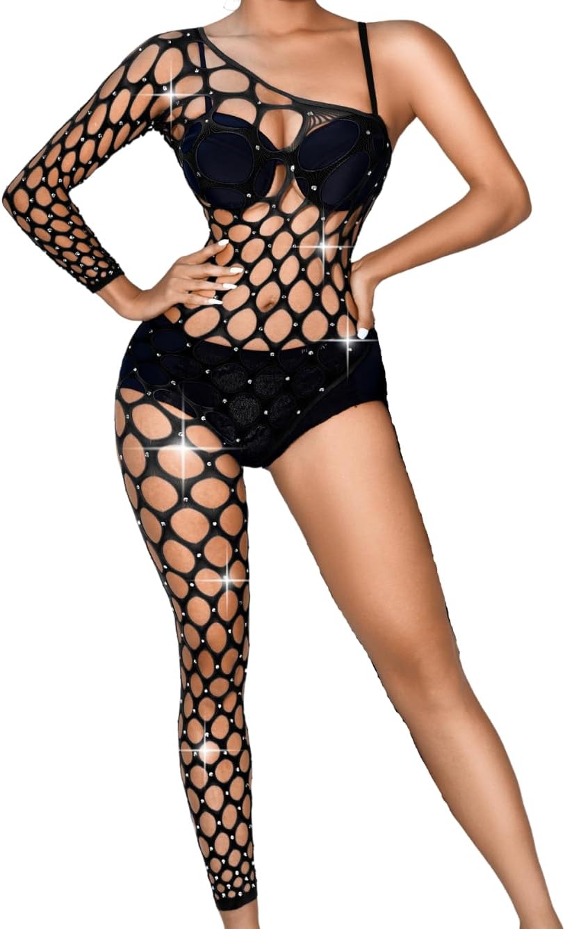 Money Dance Rhinestone Fishnet Bodysuit One Shoulder Sheer — Women's