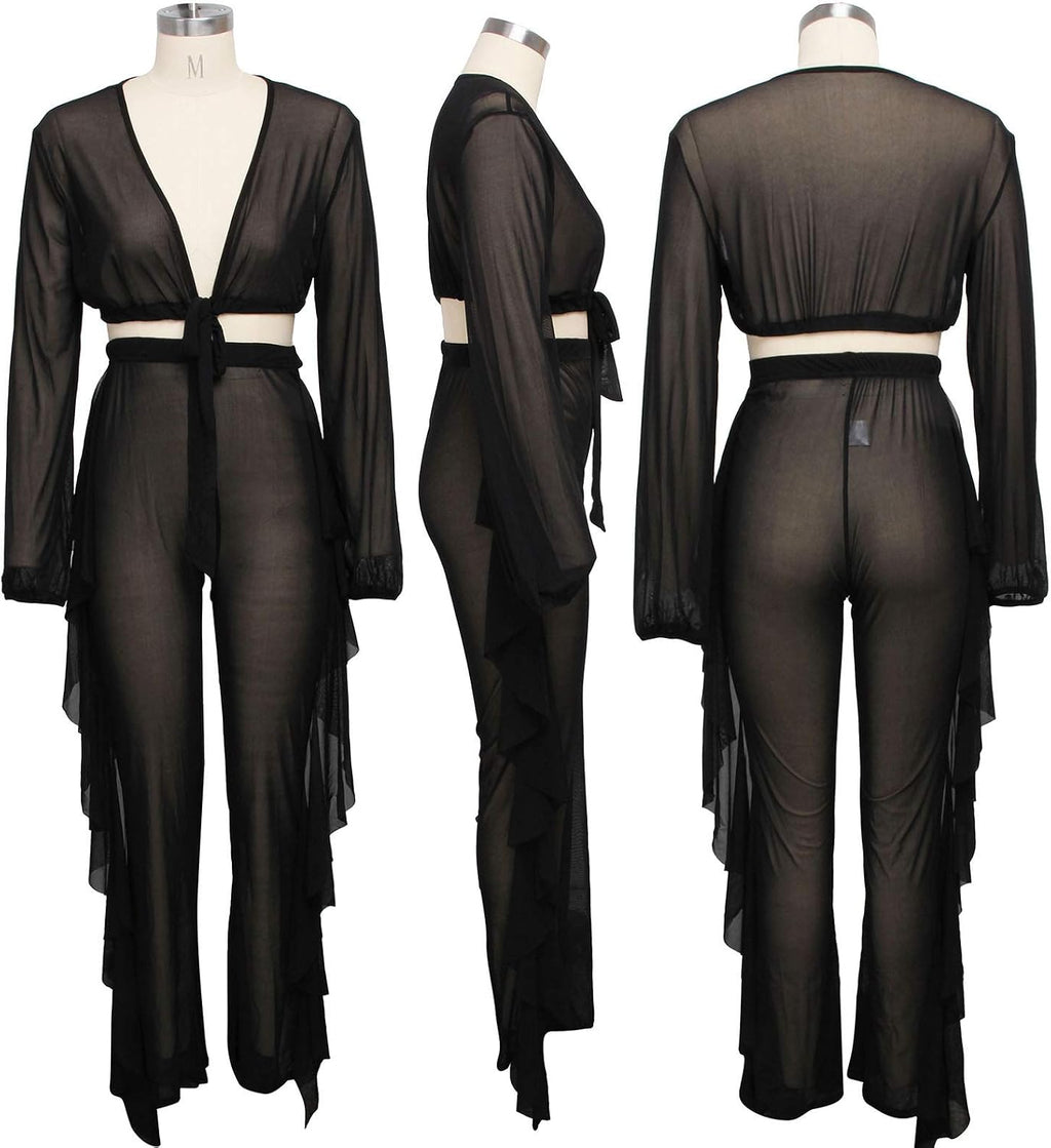 Sheer Mesh Crop & Flare Pants Set