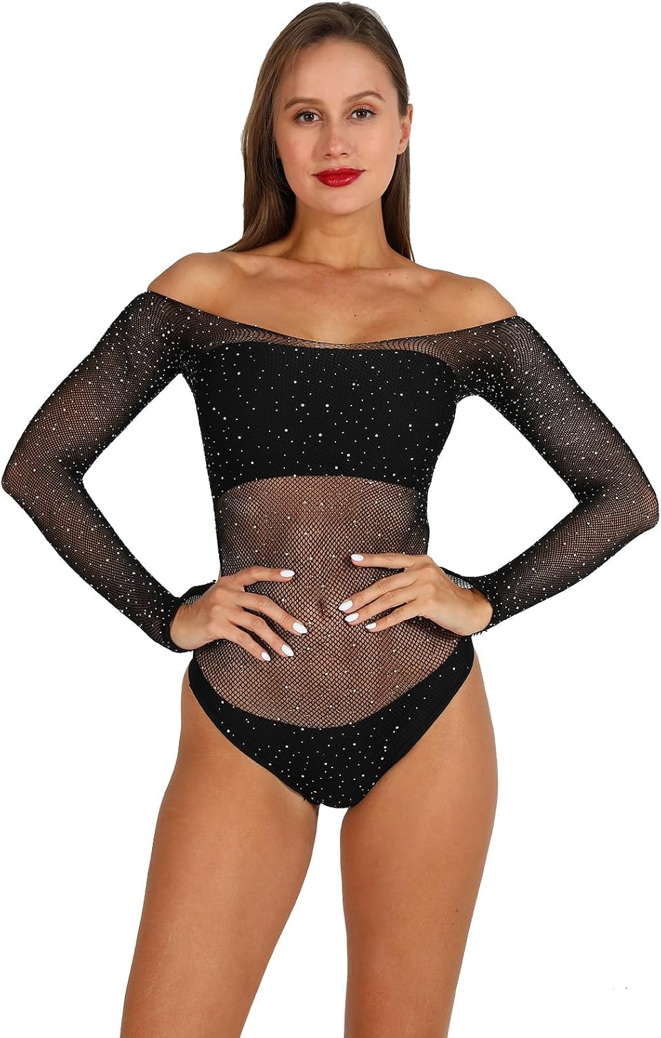 Body Talk Mesh Fishnet Bodysuit Sparkle Rhinestone Female — Women's