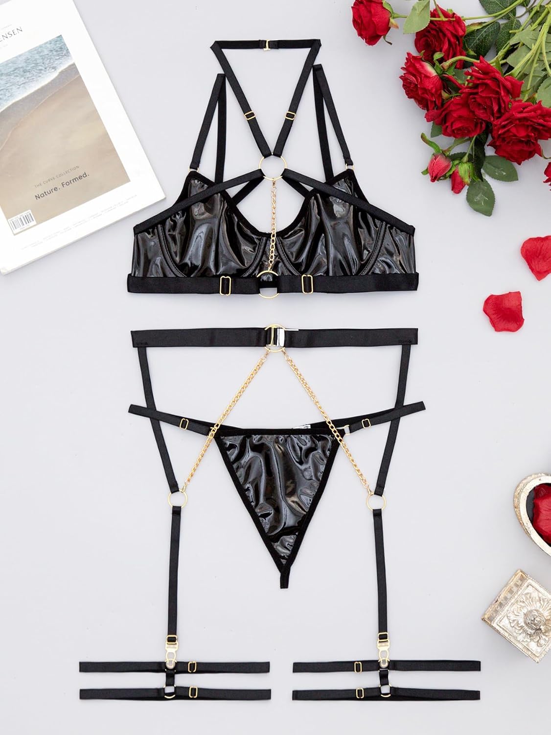 Midnight Lace PU Leather Strappy Underwire Garter Belt — Women's