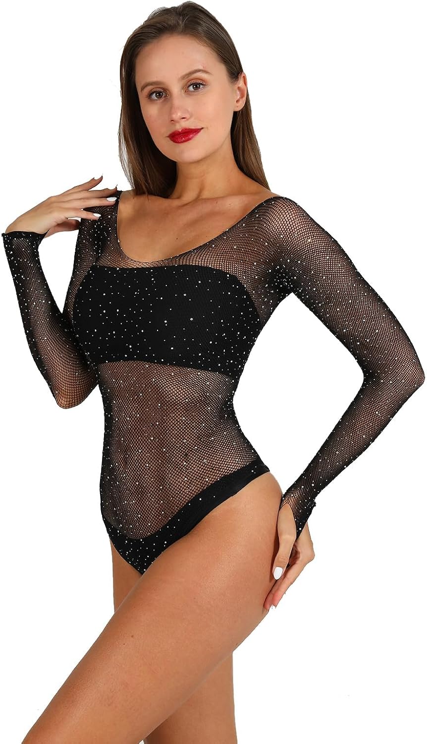 Body Talk Mesh Fishnet Bodysuit Sparkle Rhinestone Female — Women's