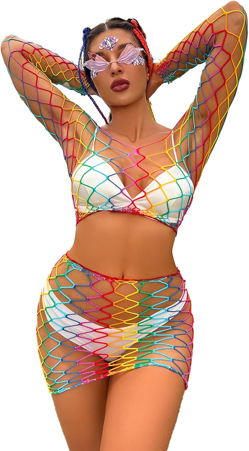Last Call Rainbow Mesh Bikini Cover Ups Hollow Set — Women's
