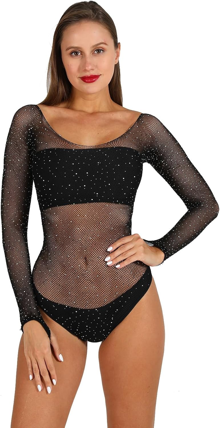 Body Talk Mesh Fishnet Bodysuit Sparkle Rhinestone Female — Women's