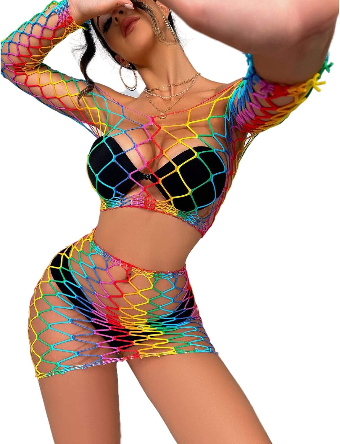 Last Call Rainbow Mesh Bikini Cover Ups Hollow Set — Women's