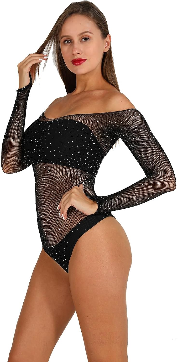 Body Talk Mesh Fishnet Bodysuit Sparkle Rhinestone Female — Women's