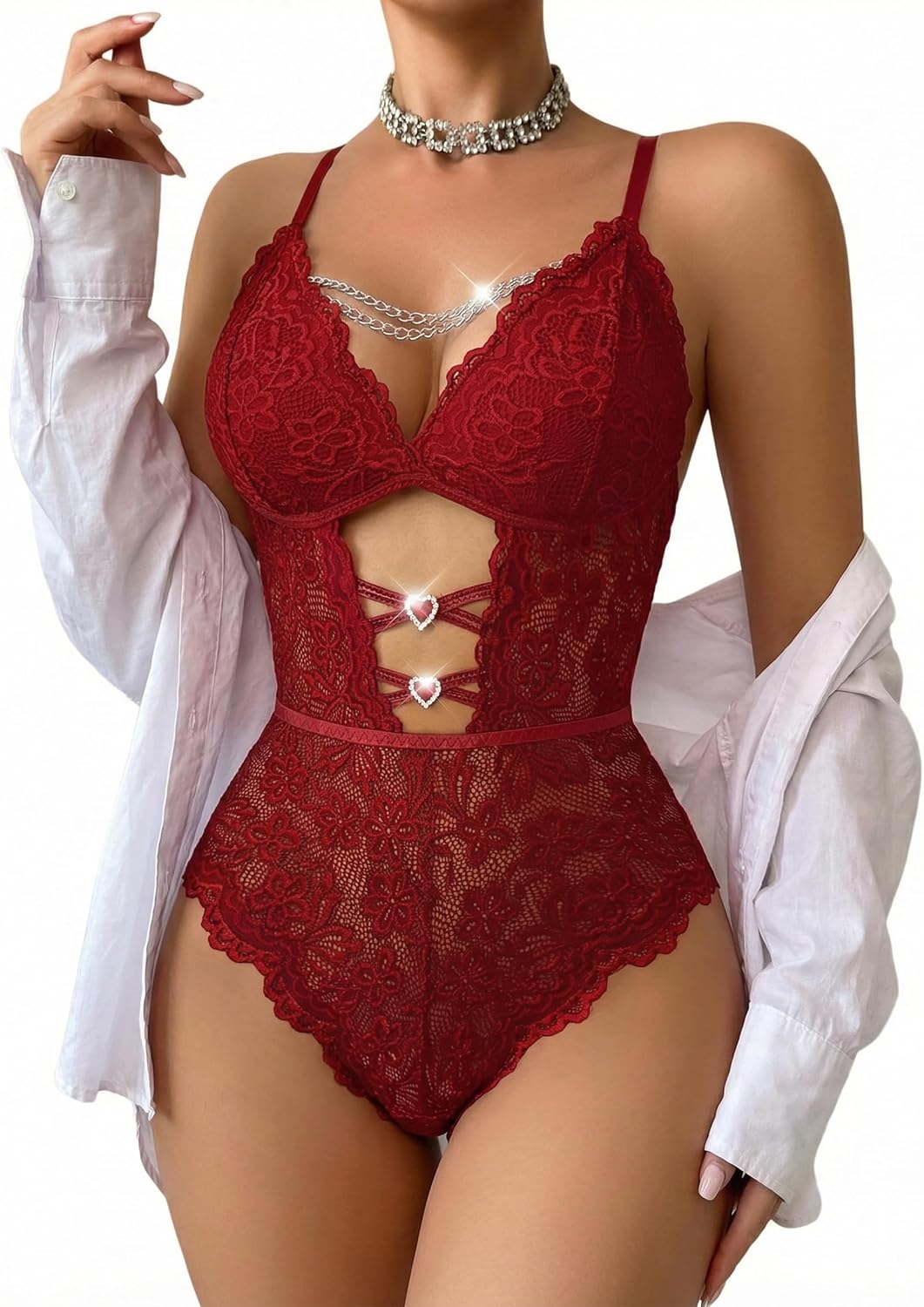 Whisper Lace Bodysuit Chain Teddy Lingerie Cutout — Women's