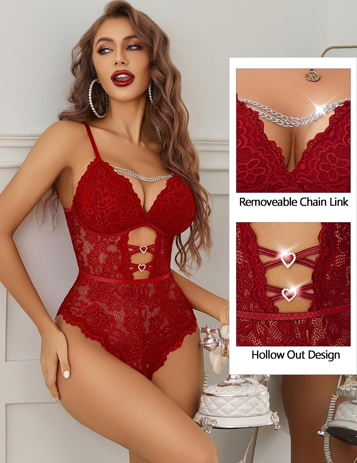 Whisper Lace Bodysuit Chain Teddy Lingerie Cutout — Women's