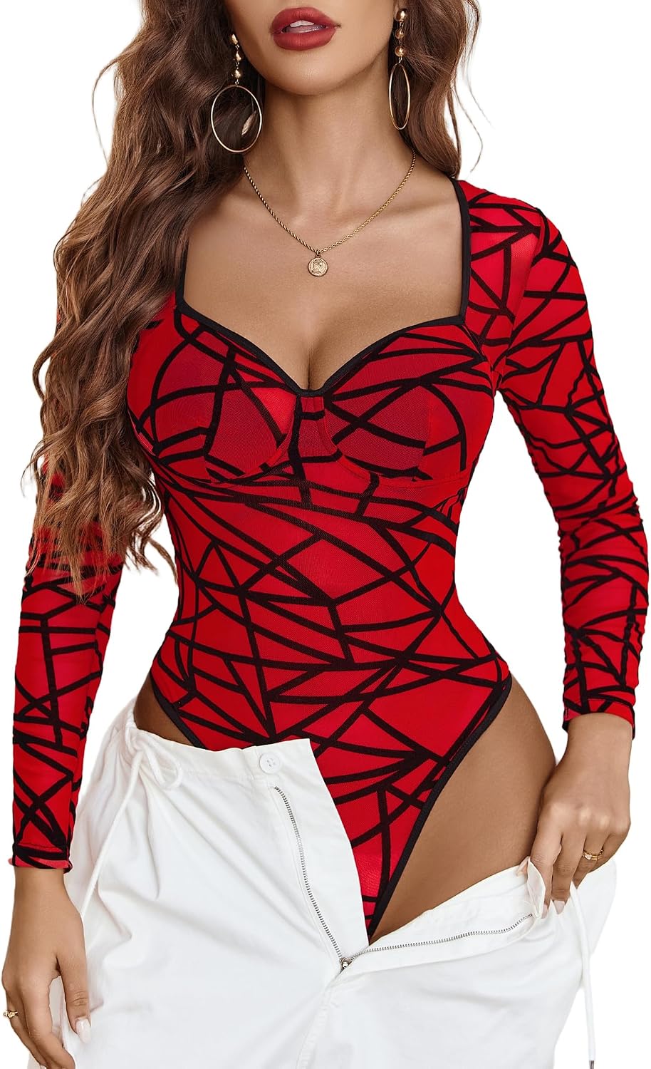 Pole Position Mesh Bodysuit Long Sleeve V Neck — Women's