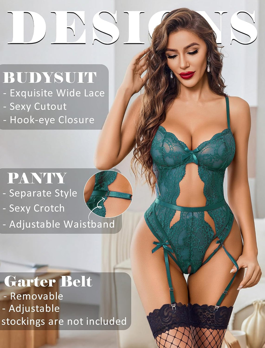 Lace Curfew Lingerie Lace Bodysuit with Panty Garter — Women's