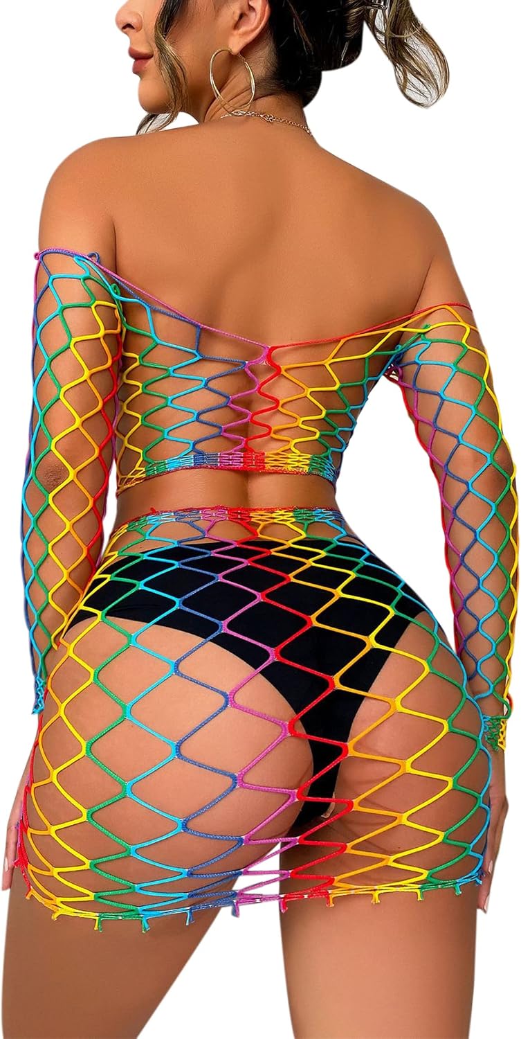 Last Call Rainbow Mesh Bikini Cover Ups Hollow Set — Women's
