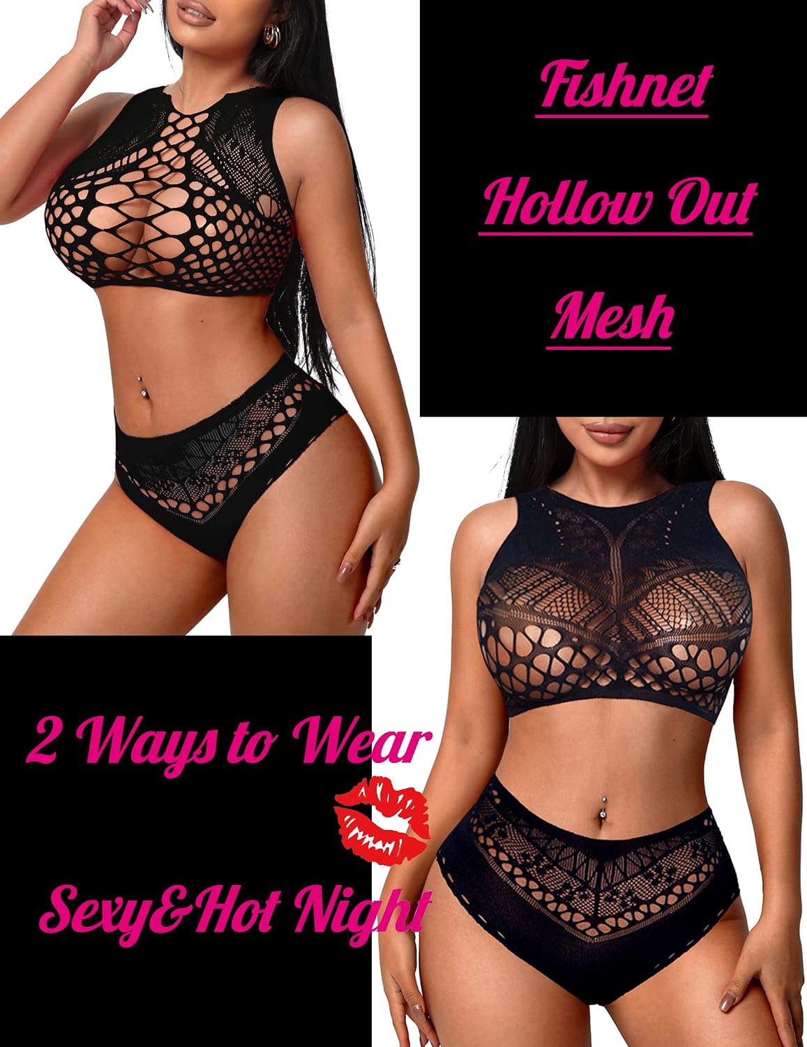 Spotlight Fishnet Lingerie Two Piece Lingerie Set — Women's