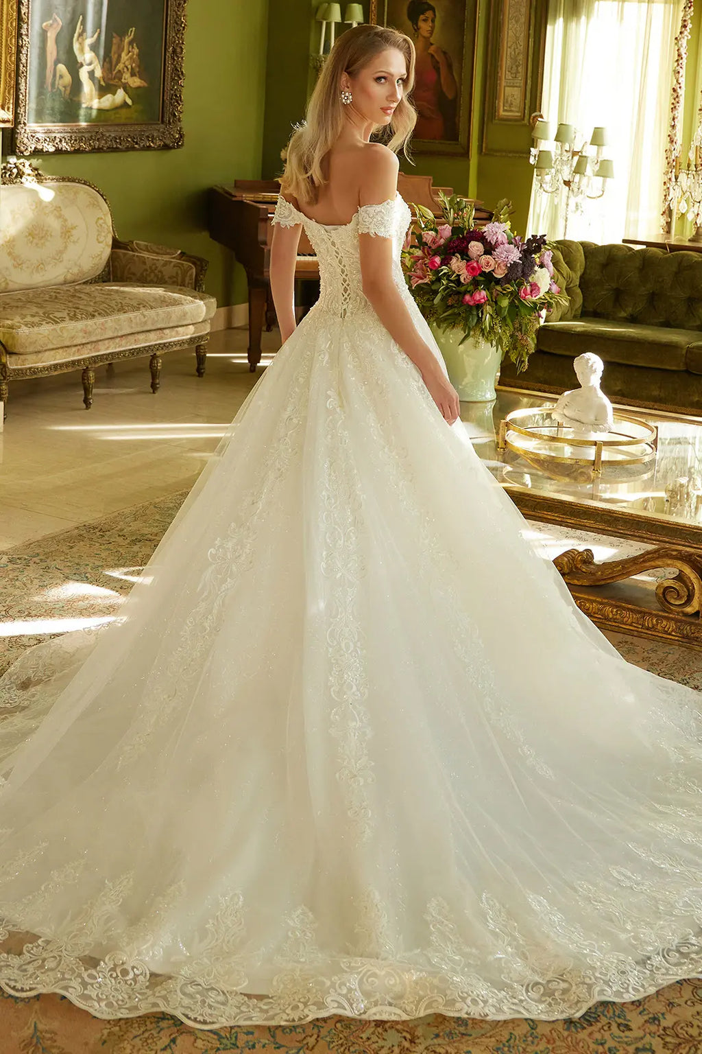 Embroidered a line pearl accented wedding gown with lace up back GLGL3604