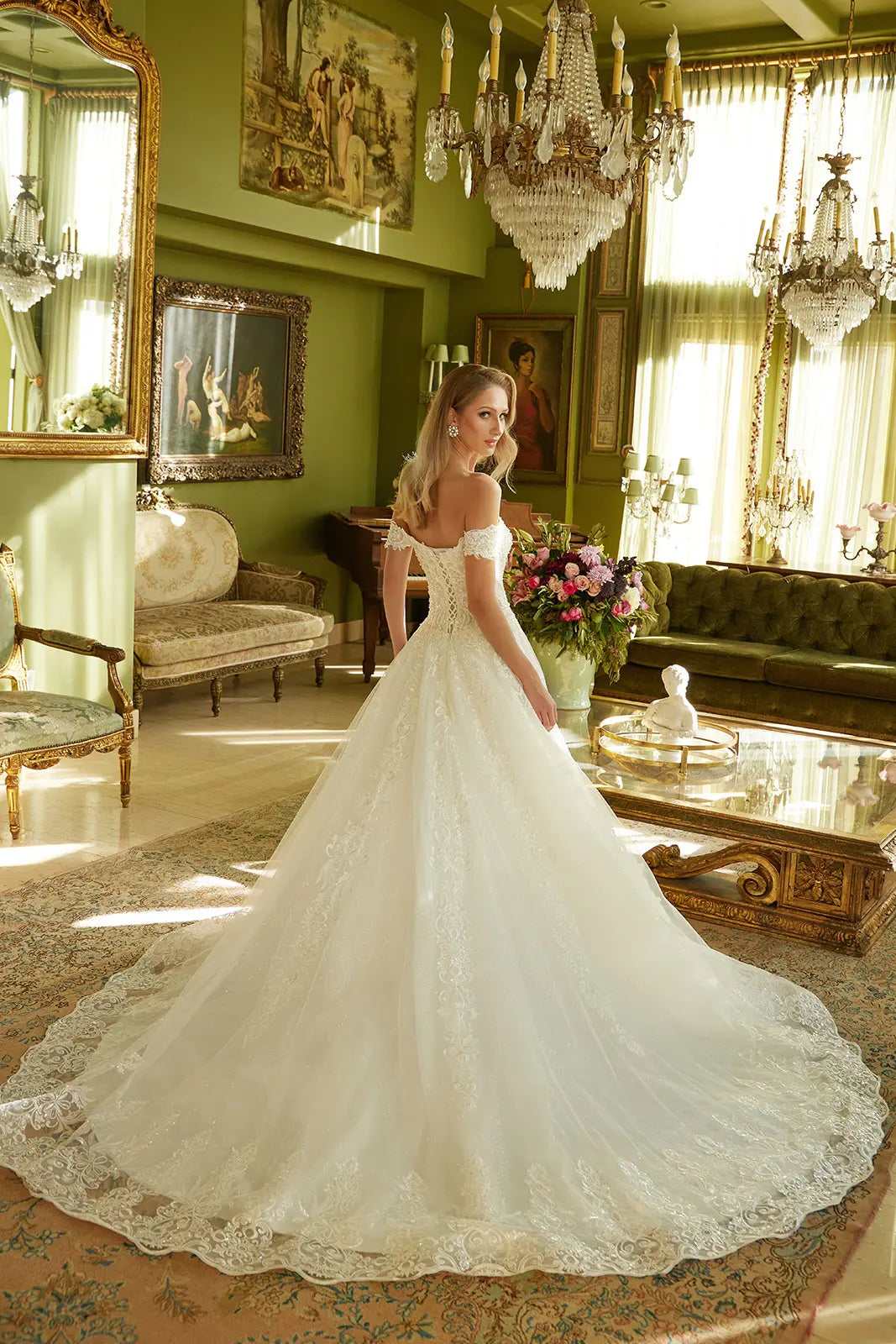 Embroidered a line pearl accented wedding gown with lace up back GLGL3604