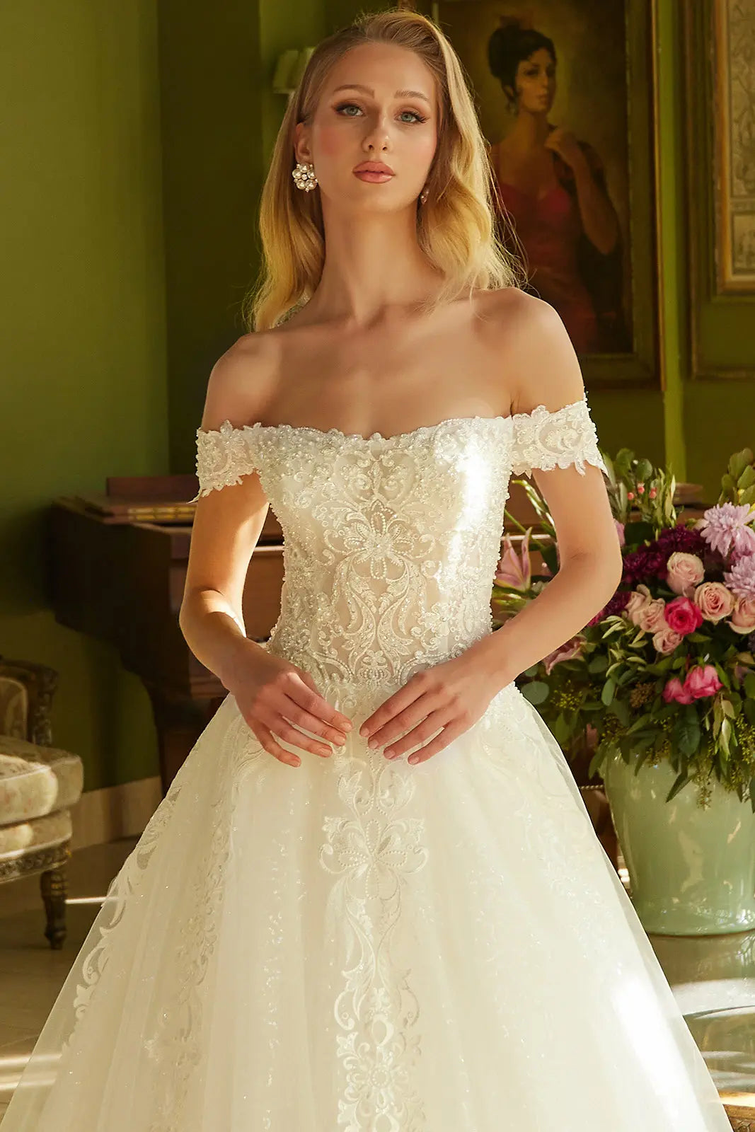 Embroidered a line pearl accented wedding gown with lace up back GLGL3604