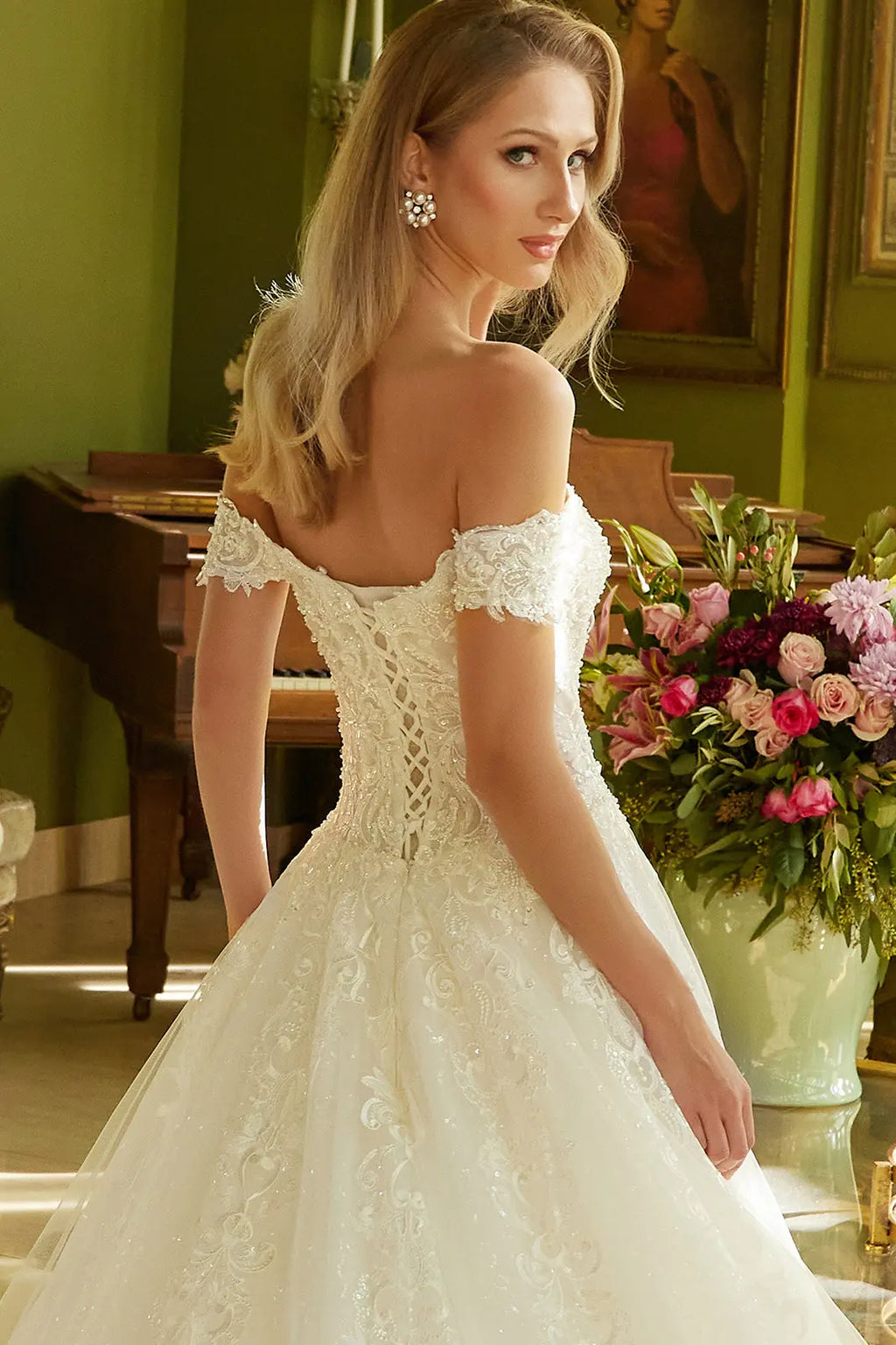 Embroidered a line pearl accented wedding gown with lace up back GLGL3604