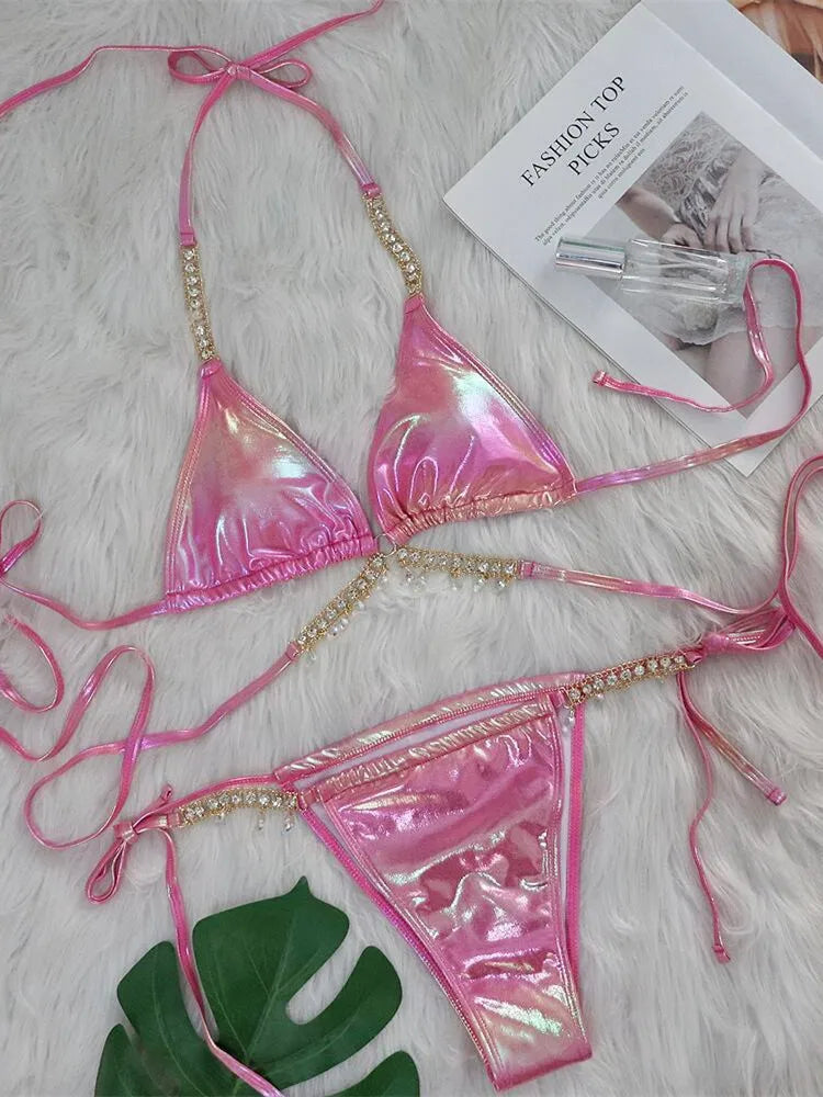 Sundown Pink Bronzing Bikini Set Luxury Rhinestone — Women's