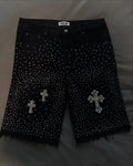 Cross Rhinestone Denim Shorts — Y2K