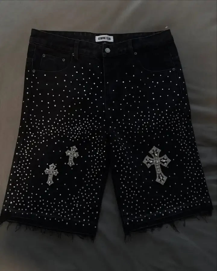 Cross Rhinestone Denim Shorts — Y2K