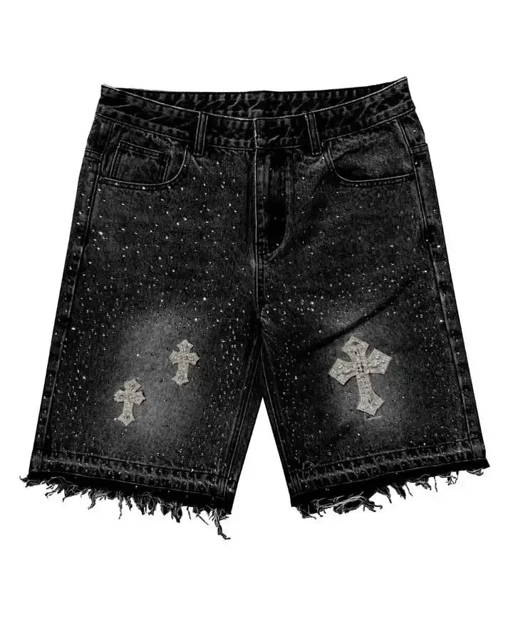 Cross Rhinestone Denim Shorts — Y2K