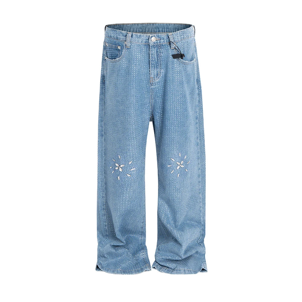 Stacked Rhinestone Baggy Jeans — Full Ice