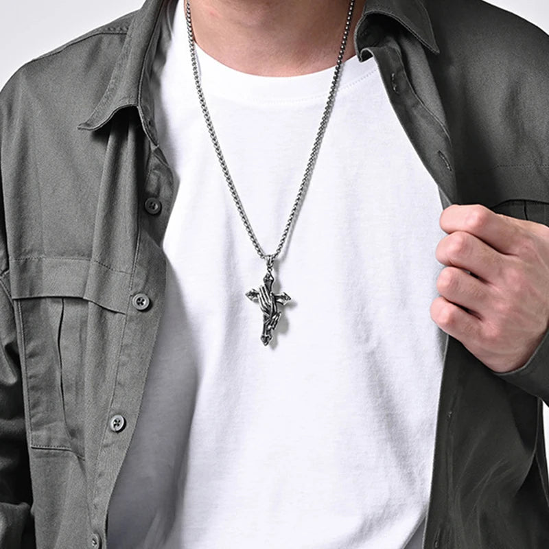 Big Starz Praying Hands Cross Pendant Necklace detail