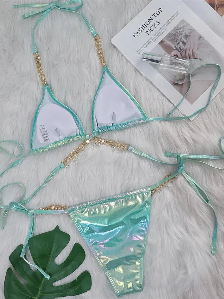 Sundown Pink Bronzing Bikini Set Luxury Rhinestone — Women's