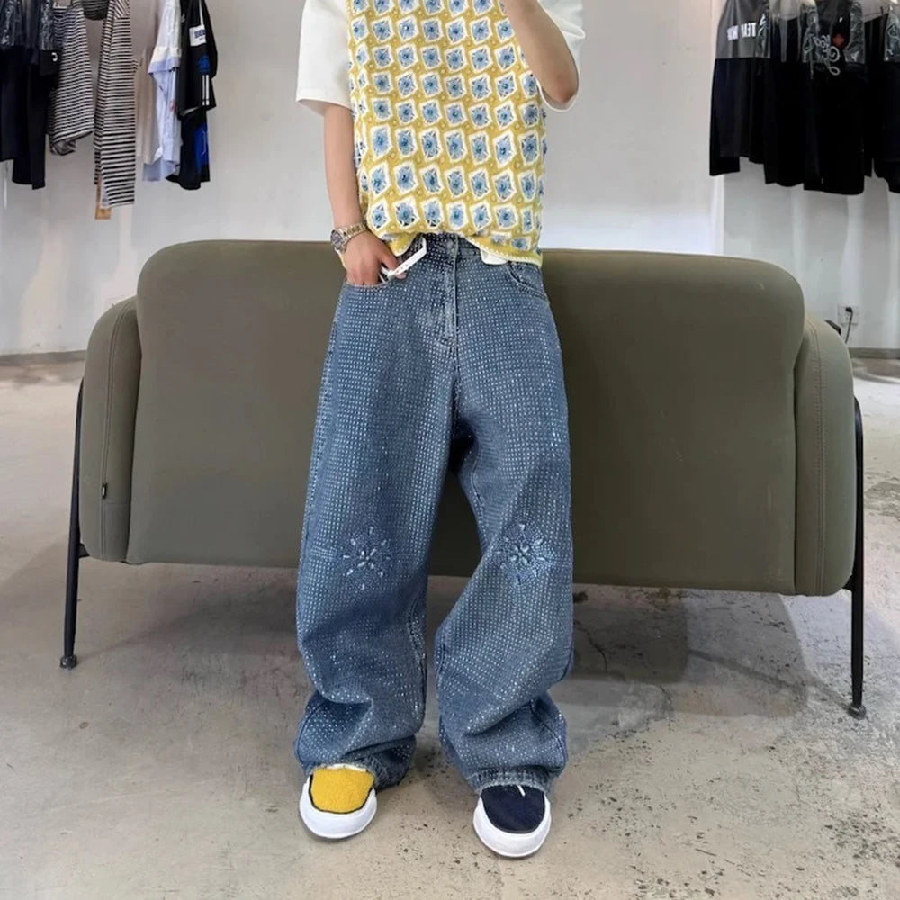 Stacked Rhinestone Baggy Jeans — Full Ice