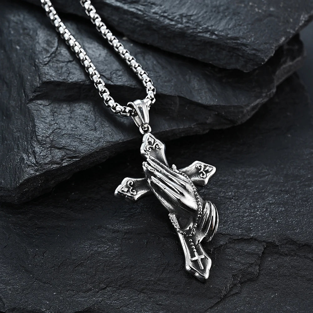 Big Starz Praying Hands Cross Pendant Necklace