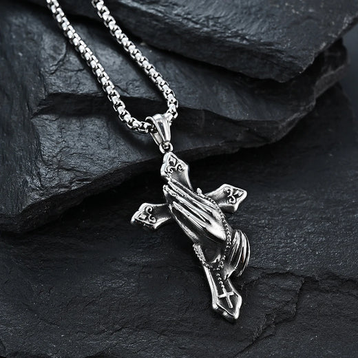 Big Starz Praying Hands Cross Pendant Necklace
