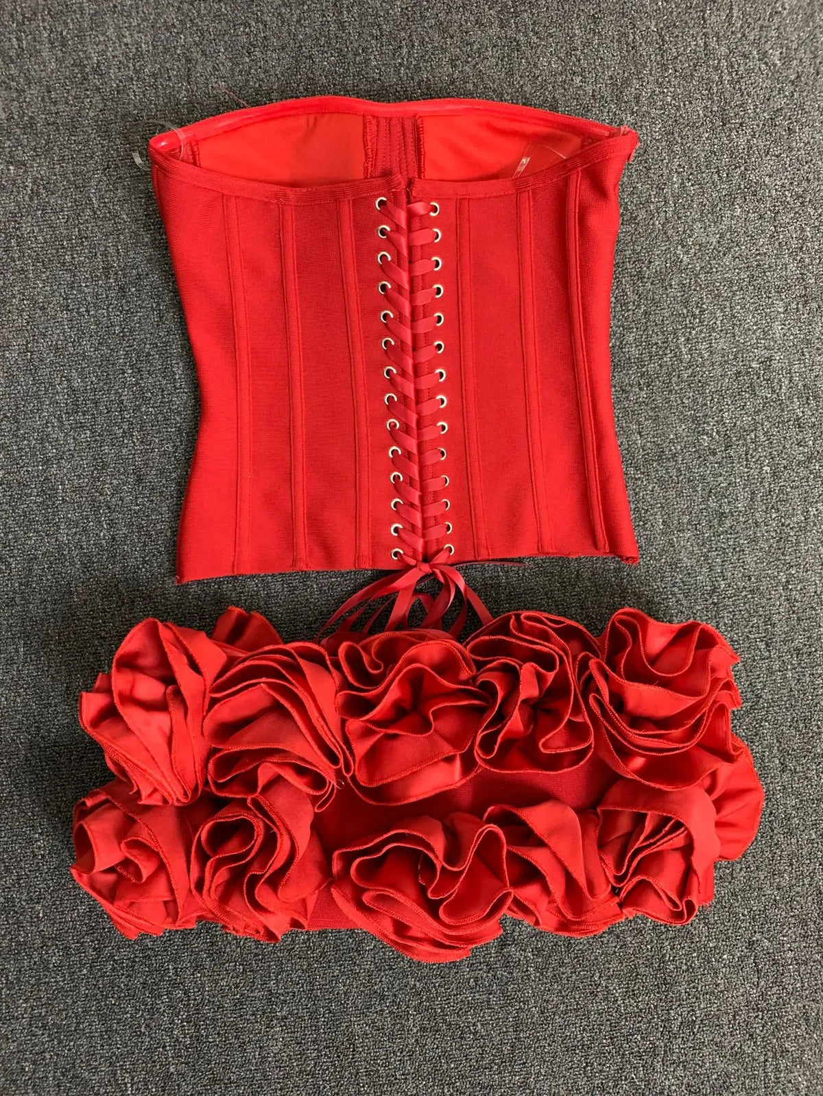 Red bandage strapless two-piece club set back view