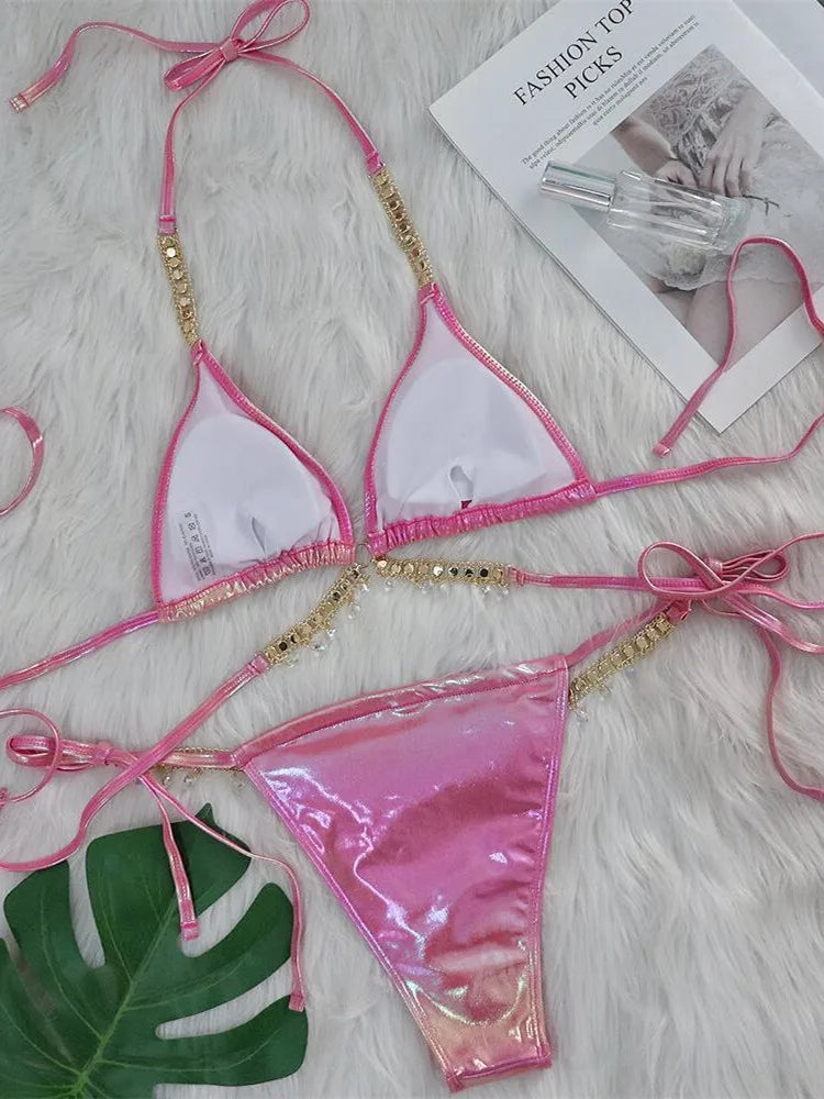 Sundown Pink Bronzing Bikini Set Luxury Rhinestone — Women's