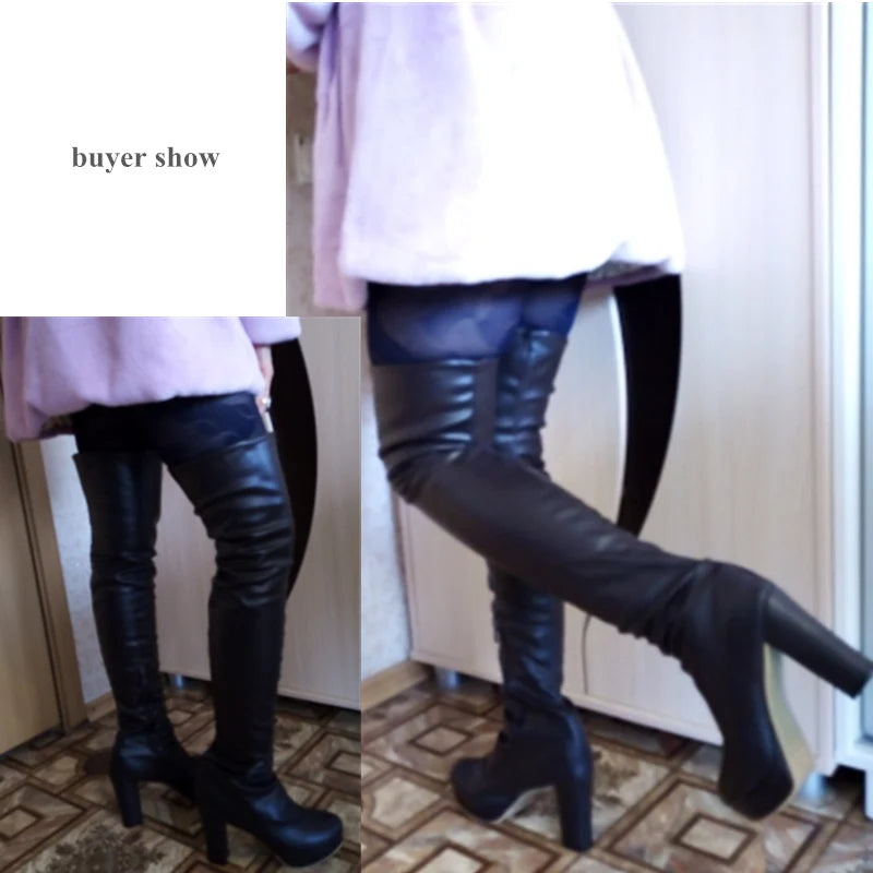 Elevate Black Thigh High Boots Platform Soft — Women's