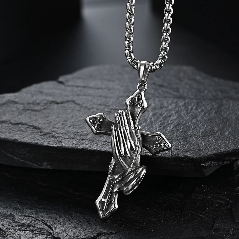 Big Starz Praying Hands Cross Pendant Necklace alternate view
