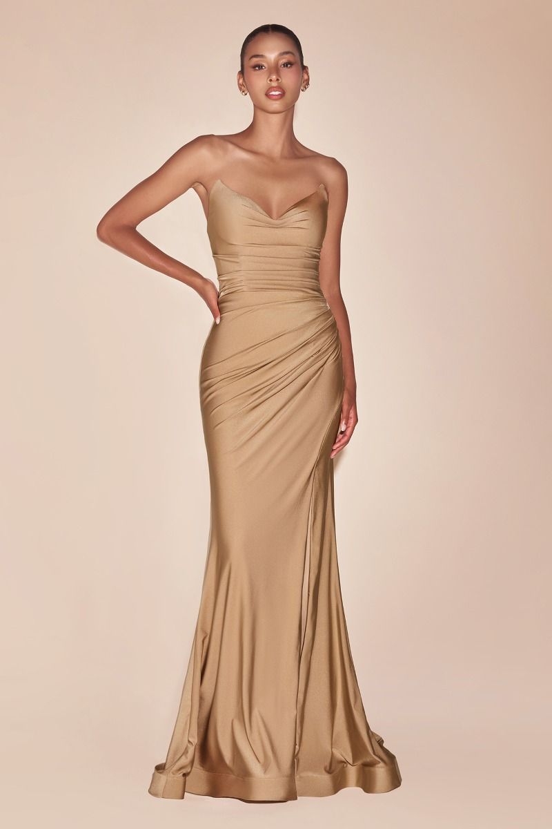 STRAPLESS STRETCH SATIN FITTED GOWN CDCD791