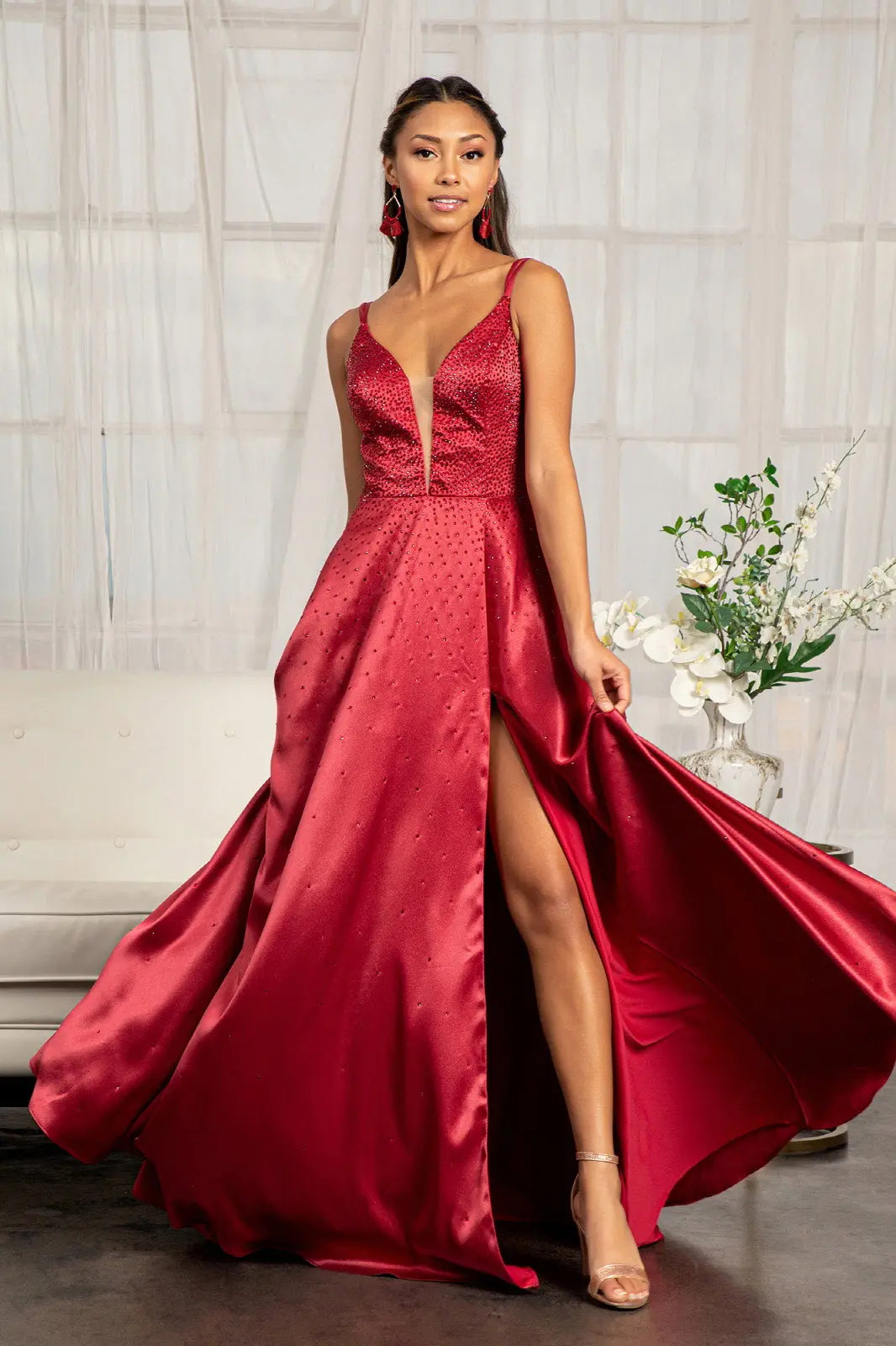 Illusion sweetheart neckline satin a line dress w lace up back GLGL3039
