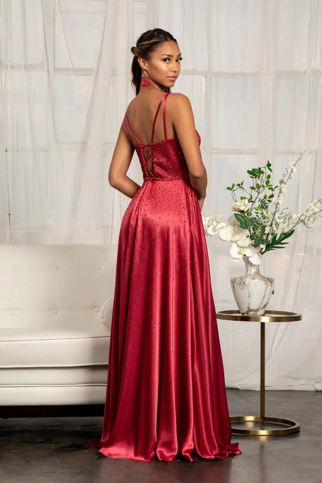 Illusion sweetheart neckline satin a line dress w lace up back GLGL3039