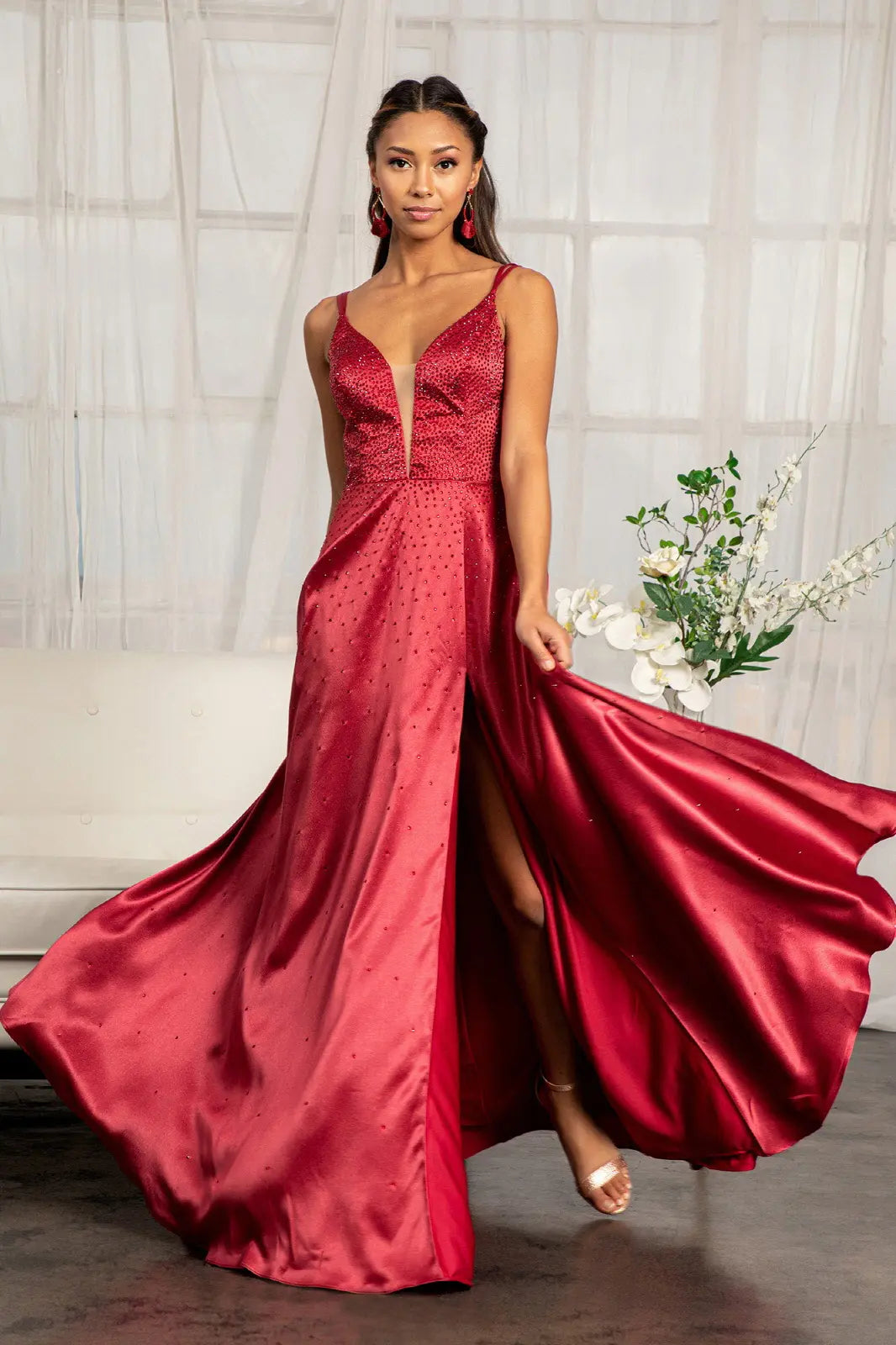 Illusion sweetheart neckline satin a line dress w lace up back GLGL3039