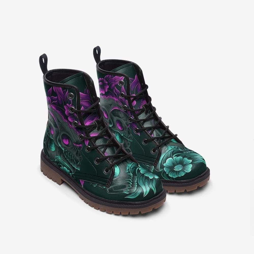 Kick Game Skulls And Flowers Leather Combat Boots — Men's