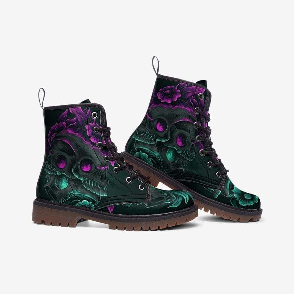Kick Game Skulls And Flowers Leather Combat Boots — Men's