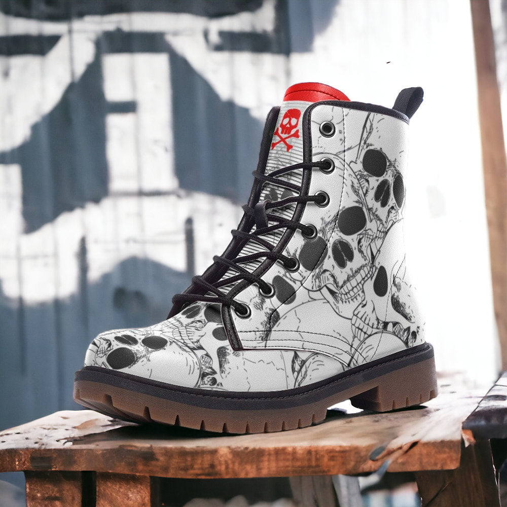 Heavy Sole White Skull Gothic Punk Combat Boots — Men's